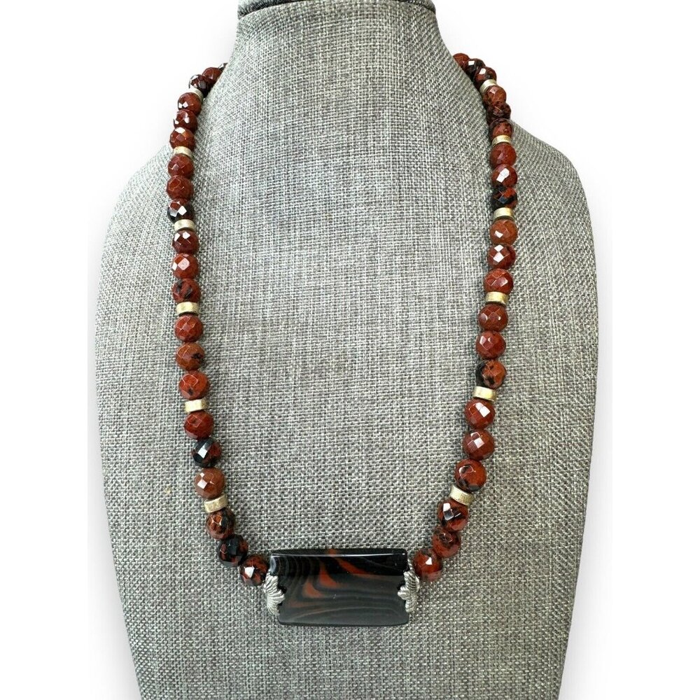 Vintage Red Jasper Bead Necklace Red Art Glass Sterling Silver 15"